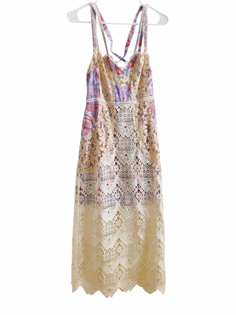 Boho Lace Overlay Maxi Dress in Beige and Multicolor